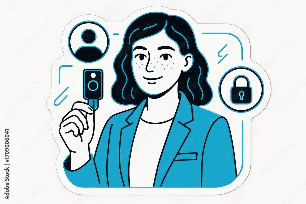 Poster confident woman in business attire holding a security key fob with a lock symbol and user icon repre