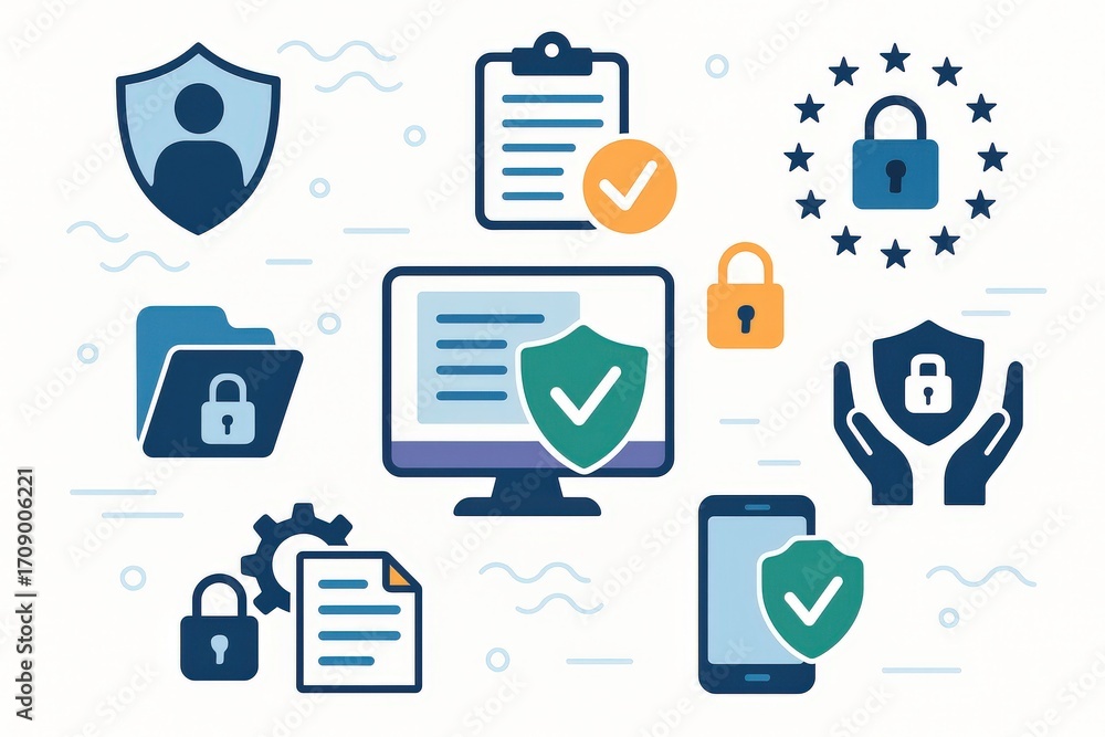Poster comprehensive digital security visualization encapsulating data protection, privacy assurance, cyber