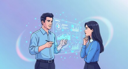 Business colleagues discussing data analytics on holographic display in modern office, showcasing teamwork and innovation in the digital age.