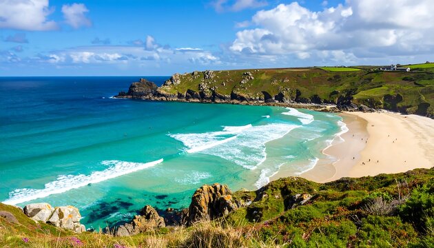 Pristine coastal beach, turquoise water, sunny day