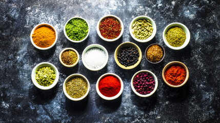 Assorted herbs and spices arranged on dark marble, showcasing vibrant colors and rich textures.
