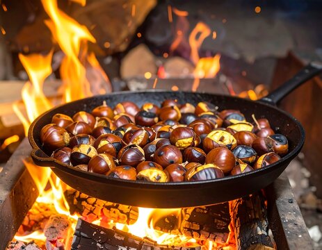 Roasted chestnuts in cast iron pan over fire