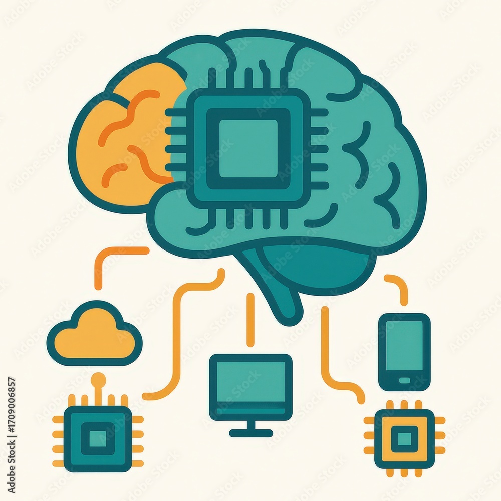 Poster the intricate interplay between technology and cognition illustrated through a vibrant brain and mod