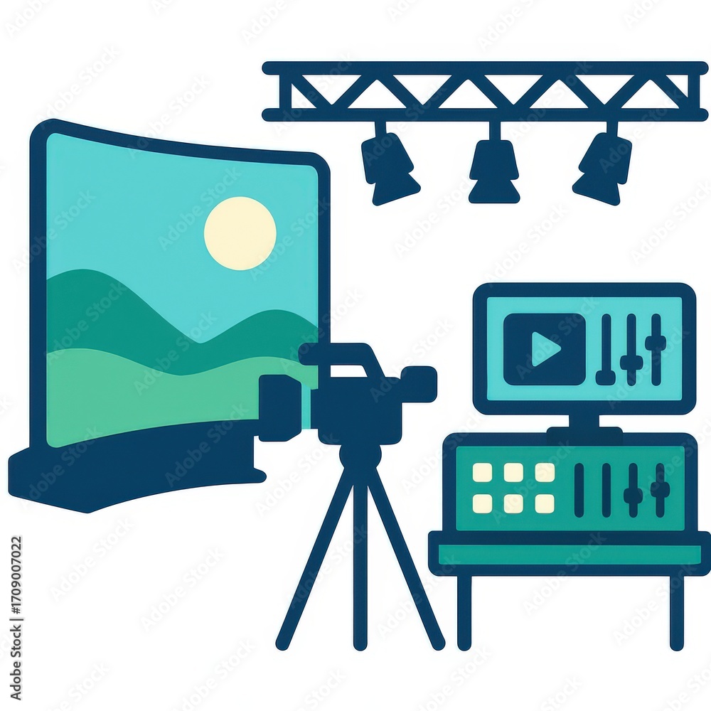Poster dynamic media production setup highlighting essential elements such as a professional camera tripod 