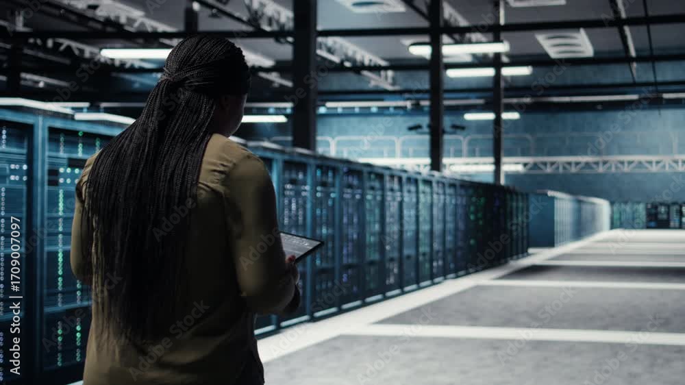 Poster high tech data center technician uses tablet to develop disaster recovery plans, minimizing downtime