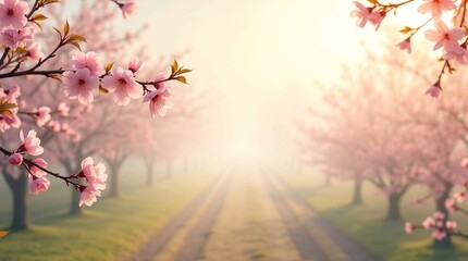 Naklejka premium Cherry blossom branch framing soft negative space with serene misty morning light.