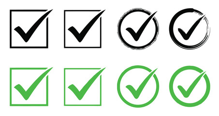 Check Mark Icons in Squares and Circles Black and Green tick