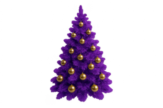 Purple christmas tree with golden baubles celebrating christmas on transparent background