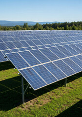 Solar panels lined up in a vast field during sunset, capturing renewable energy in a serene landscape