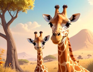 동화 속 사바나의 어미 기린과 아기 기린 Mother and Baby Giraffe in a Fairytale Savannah