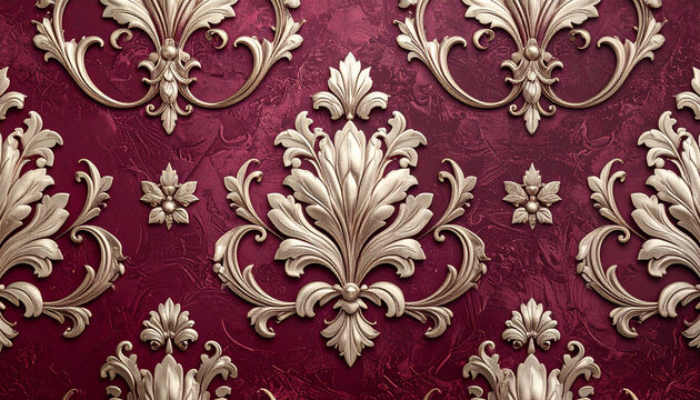 Luxurious vintage wallpaper with an ornate golden damask pattern in 3D relief on a rich, deep red textured background for a classic interior