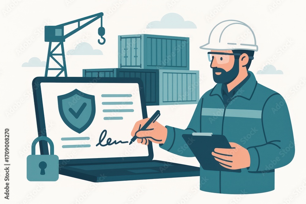 Poster skilled worker conducting digital contract signing in a construction site with shipping containers i