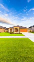 Obraz premium Charming single-story suburban house with a red roof and white picket fence under sunny skies. 