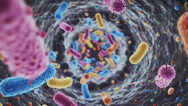 Abstract Multicolored Microscopic Organisms Floating Inside a Dark Vein Tunnel