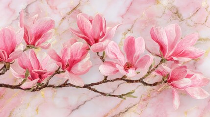 Delicate pink magnolia flowers blooming on a branch with a marble background