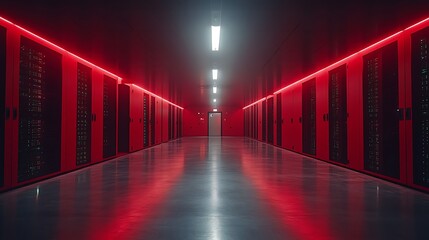 Fototapeta premium Futuristic Data Center Corridor with Red Lighting with Server Racks and a Distant Door.