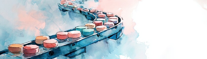 A colorful conveyor belt flows through a dreamy landscape, showcasing pastel hues and an artistic, whimsical design.