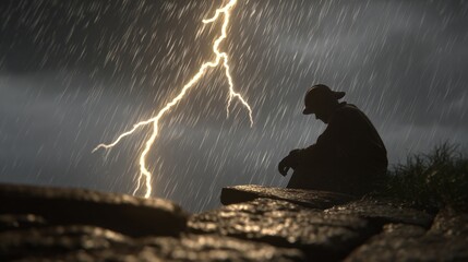 Dramatic Lightning Strike Over Silhouette of a Person in Rainstorm