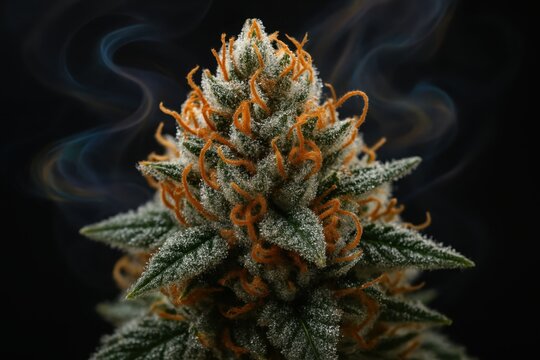 Macro cannabis flower with shimmering trichomes and colorful terpene smoke curling in soft studio light aromatic botanical closeup for herbal wellness concepts