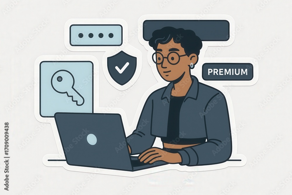 Poster engaging individual focused on digital security practices utilizing a laptop amidst interface elemen