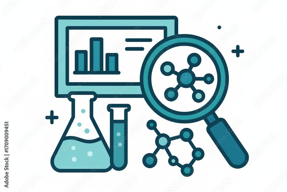 Poster exploring scientific innovation through vibrant imagery showcasing laboratory glassware molecule rep