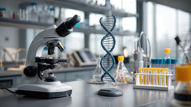 A modern laboratory scene featuring a microscope, DNA model, and test tubes, symbolizing scientific research and discovery.