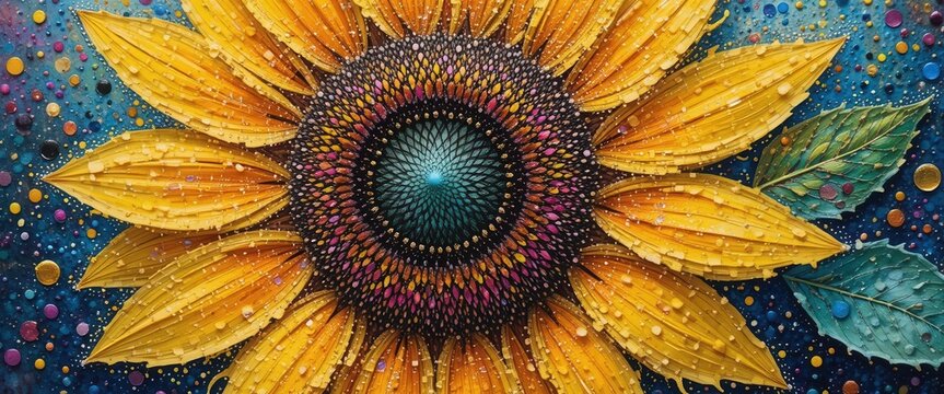 Pointillist Sunflower Painting, Dabs of Color, Textural, Vibrant, Impressionistic Influence, Seurat Inspired
