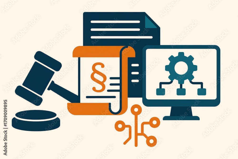 Poster innovative concepts merging legal framework and digital technology with gavel and documents illustra