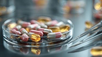 A close-up view of colorful capsules in a dish, alongside tweezers, highlighting the intricate details of pharmaceutical products.