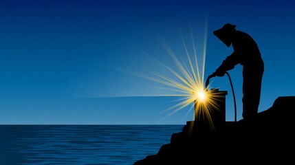 Fisherman Silhouette with Bright Light at Sunset Over Calm Water