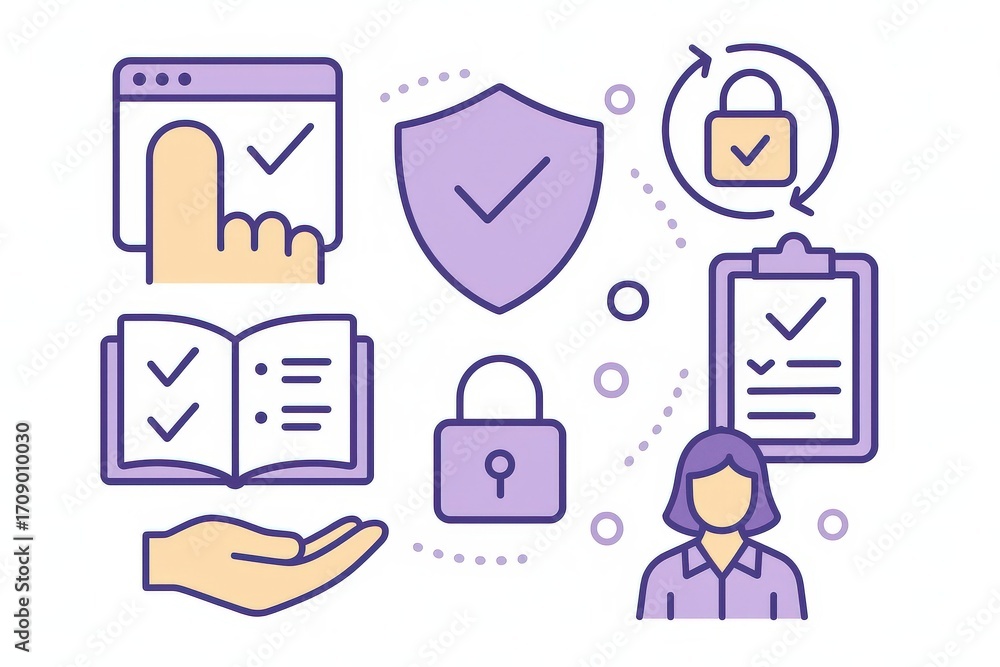 Poster visual representation showcasing cybersecurity measures through digital checklists and secure locks 