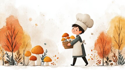 A cheerful chef carries a basket of mushrooms through a colorful autumn landscape filled with vibrant trees and whimsical details.