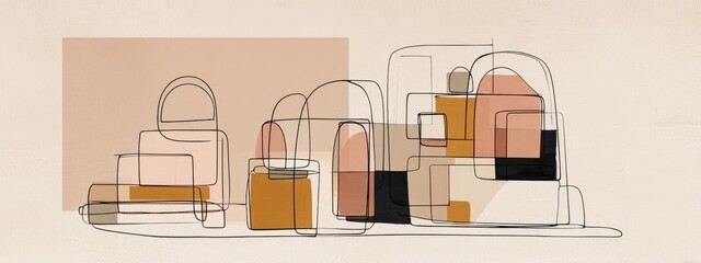 Abstract Line Art Composition with Geometric Shapes and Colors