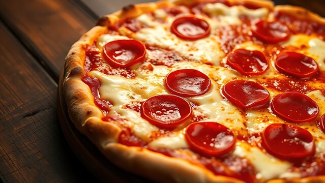 Close-up view of a pepperoni pizza with melted cheese on a rustic wooden table, evoking warmth.