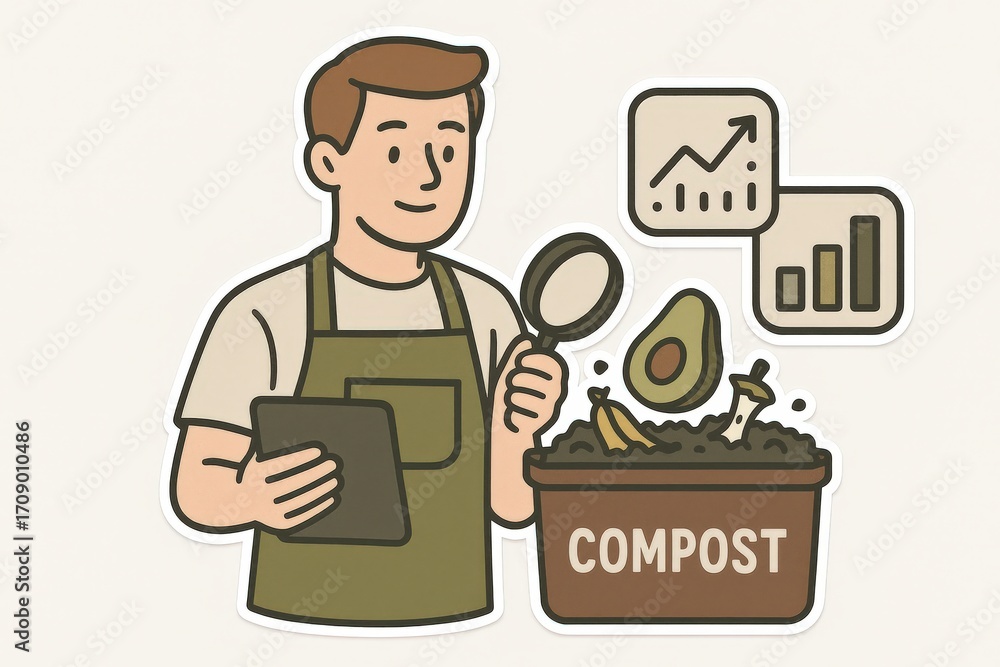 Poster engaging male figure analyzing composting materials with digital analytics, exploring sustainable pr