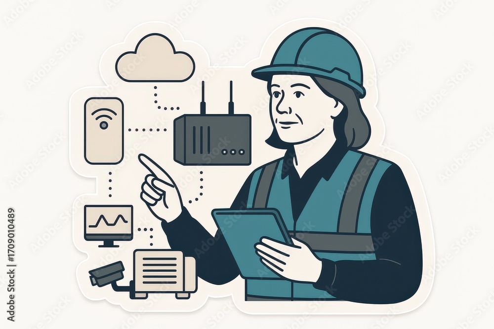 Poster innovative female technician managing modern smart technologies while engaging with digital devices 