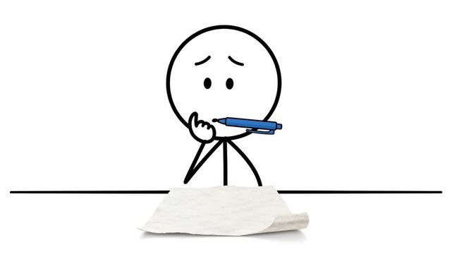 Stick Figure Cartoon Writing Ideas with Paper on Desk Animation
