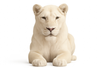 Regal snow white lioness seated in pristine high key studio with crystalline blue eyes ultra detailed fur and whiskers on seamless background