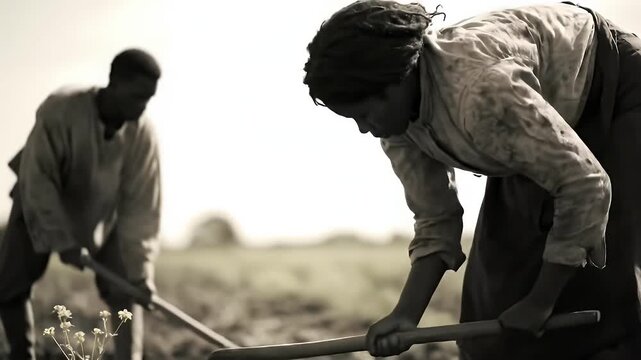 Monochrome Image of Two People Working in a Field with Vintage Filters