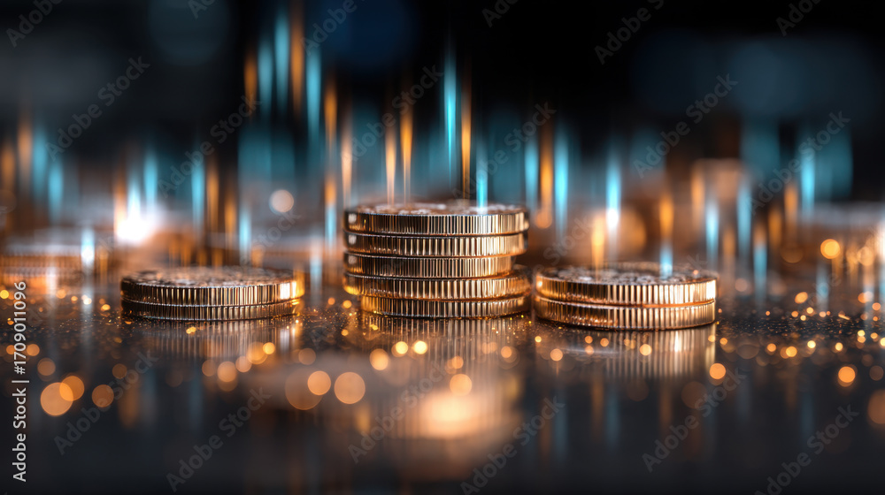 Poster stacks of shiny coins are illuminated by soft, colorful lights, creating vibrant and dynamic atmosph