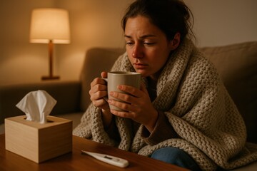 Sick young woman resting on sofa with blanket and tea seasonal cold symptoms home care concept tissues and thermometer cozy evening light