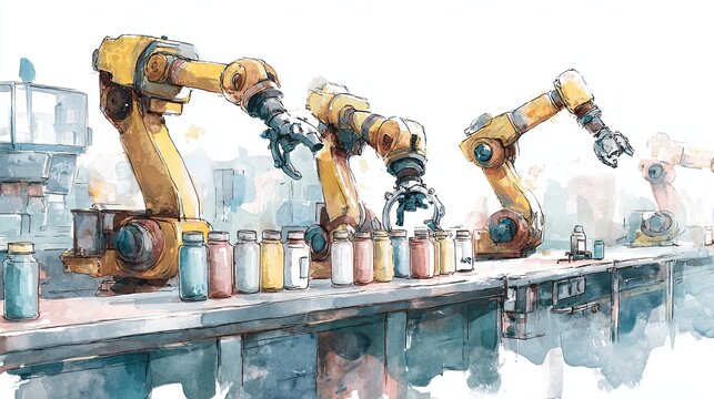 A vibrant illustration of industrial robotic arms assembling jars on a production line in a factory setting.