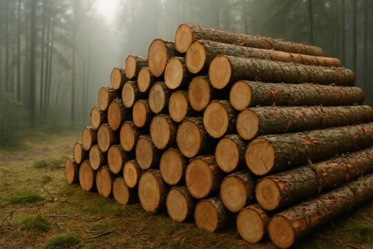 Stack of freshly cut timber logs in a misty forest sustainable logging scene wet bark texture natural tones eco friendly wood harvest