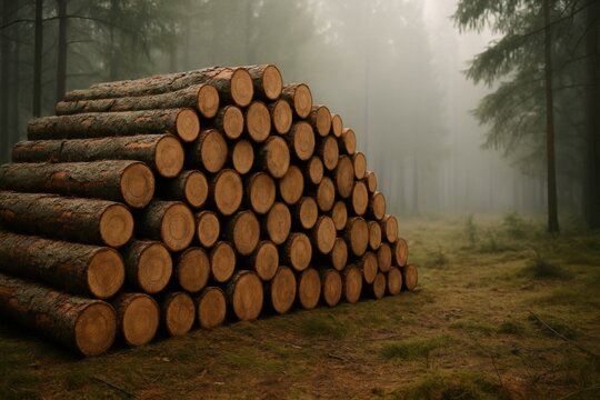 Stack of freshly cut timber logs in a misty forest sustainable logging scene wet bark texture natural tones eco friendly wood harvest