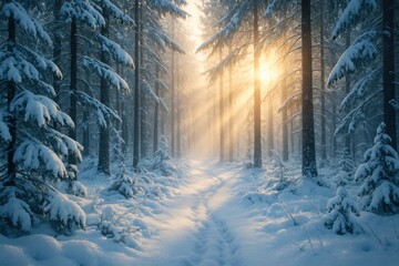 Sunlit winter forest with fresh snow on pine trees and soft morning mist, tranquil path leading into the woods, sparkling frost and blue hour glow landscape