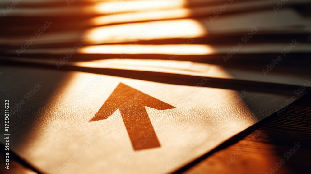 Aufkleber close up view of stack of papers with upward arrow symbol, illuminated by warm sunlight, creating se