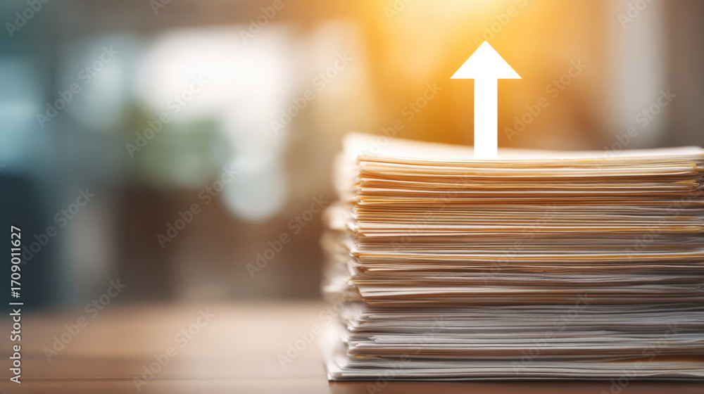 Poster stacks of documents with upward arrow symbolizing growth and progress. warm light in background adds