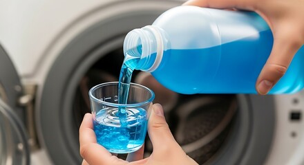 Person Pouring Blue Liquid From Bottle Into Glass in Front Loading Washing Machine