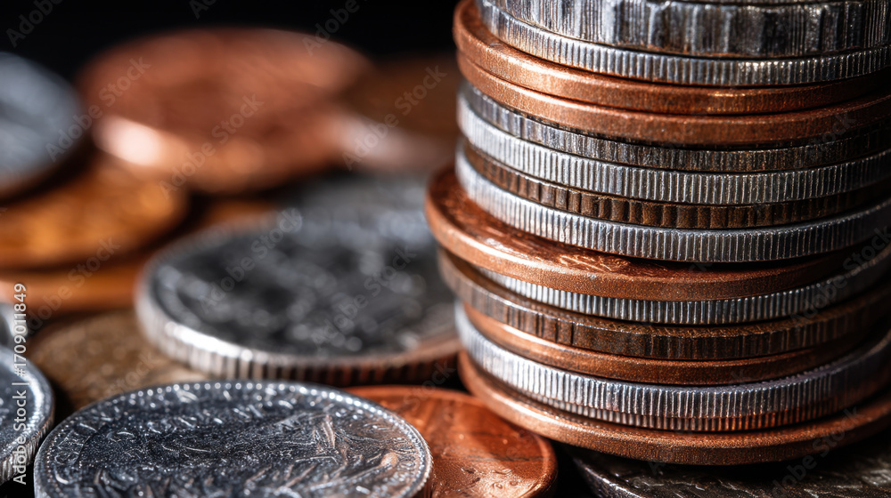 Poster stacked coins in various denominations create visually appealing arrangement, showcasing metallic te