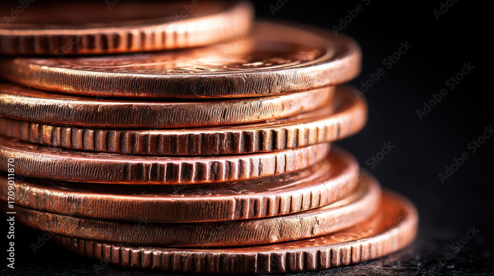 Poster stacked copper coins create visually appealing arrangement, showcasing their shiny surfaces and intr